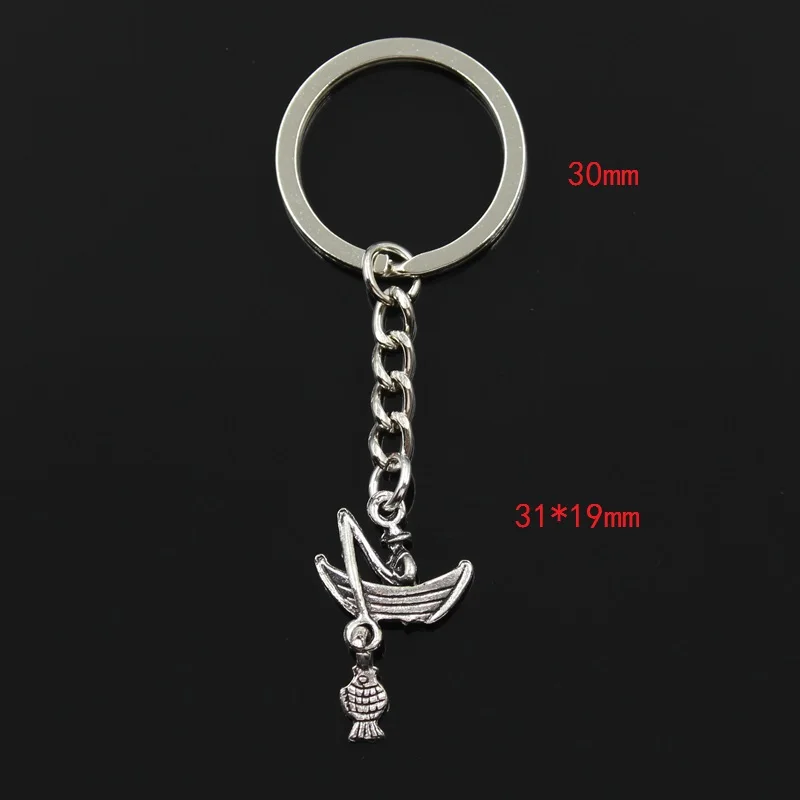 Fashion 30mm Key Ring Metal Key Chain Keychain Jewelry Antique Silver Color Plated Fisherman Fishing Boat 31x19mm Pendant