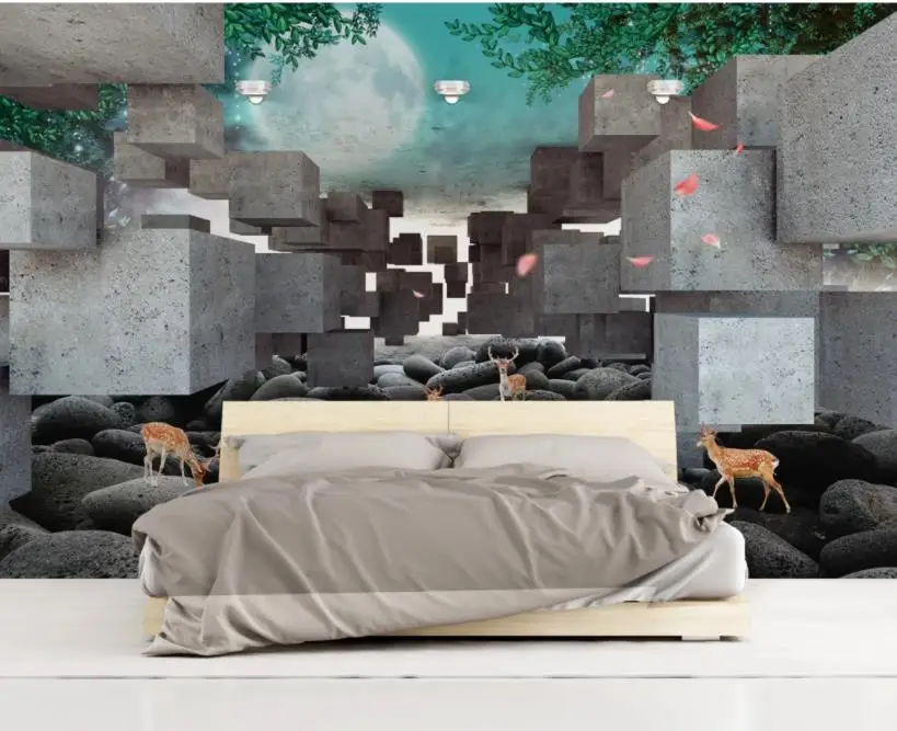 

Modern Custom 3D Wallpaper 3D cube sika deer embossed Living Room TV background wall paper