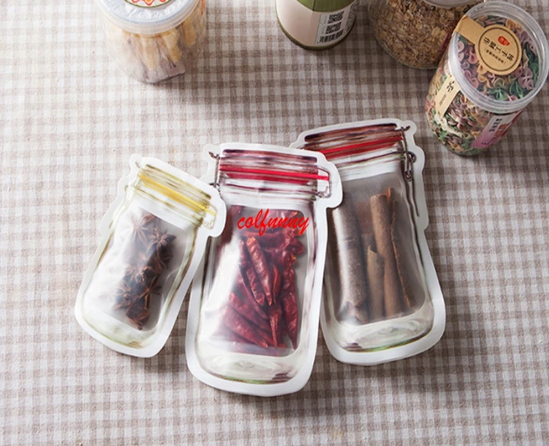 Wholesale Mason Jar Shaped Food Container Plastic Bag Clear Mason Bottle Modeling Zippers Storage Snacks Plastic Box F052209