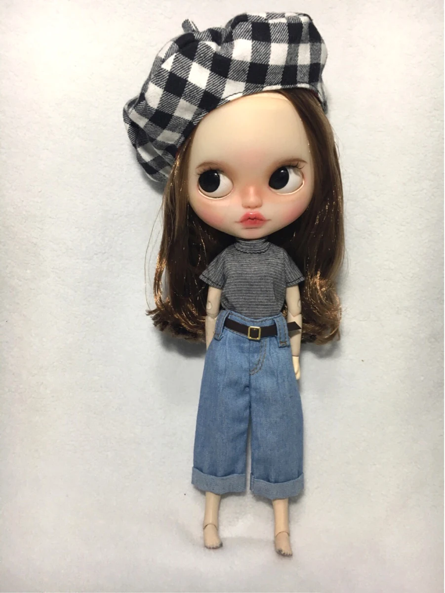 Fashion Blyth Dolls Stripe T-Shirt Denim Loose Pants With Belt Blue Wide Leg Trousers