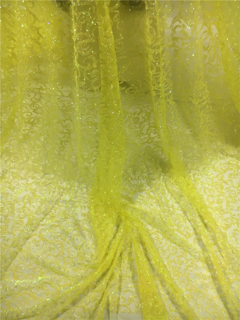 Bright yellow color shining glued glitter sequins lace fabric african tulle mesh fabric for wedding dress/evening dress  H-48