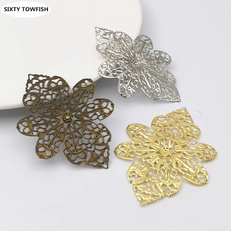 20pcs/lot 58x42mm Gold color/White K/Antique bronze Metal Filigree Flowers Slice Charms base Handicraft accessories for jewelry