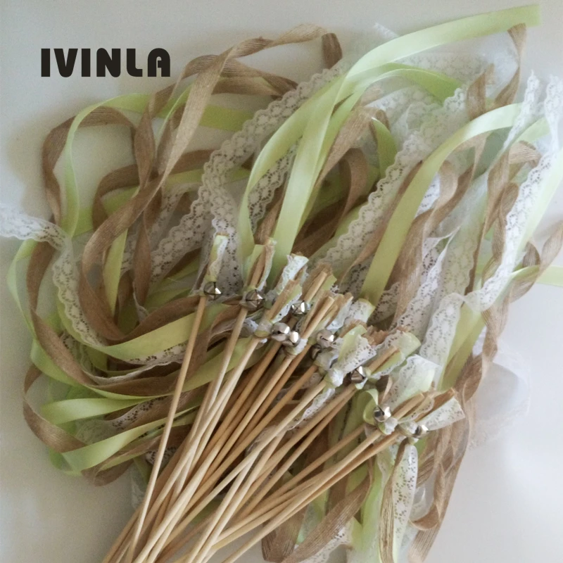 50pcs/lot Green jute lace wedding Ribbon Wands with big sliver Bells for wedding party