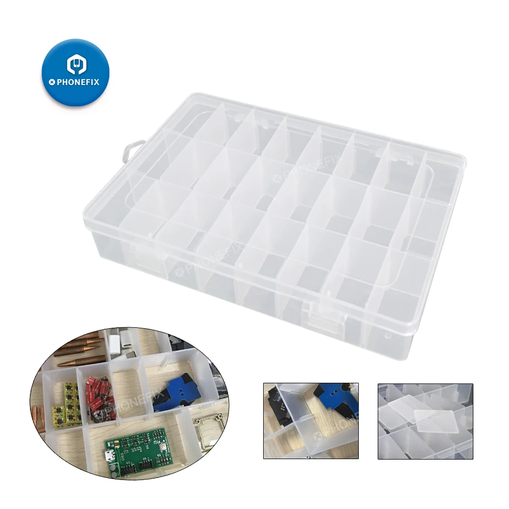 Caixa de plástico de armazenamento de 24 grades, para acessórios de telefone, peças de reposição, contêiner, eletrônico prático, organizador de reparo