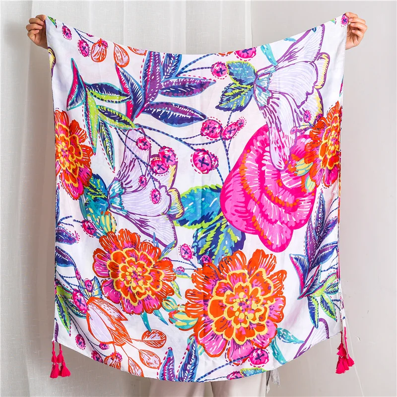 Lenço de borla floral para mulher, xale viscose, envoltório, pashmina, roubou, muçulmanos, hijab, snood, senhoras, Espanha Fashion