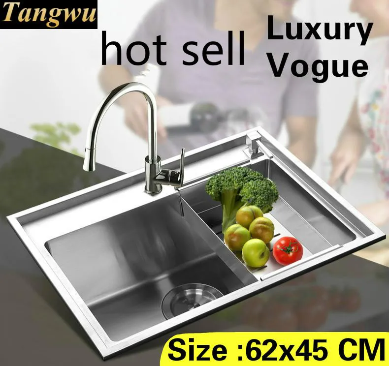 

Free shipping Home luxury big kitchen manual sink single trough high capacity durable 304 stainless steel 620x450 MM