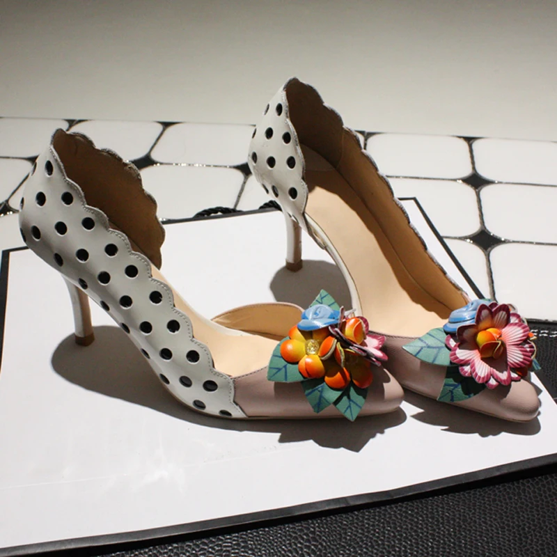 Beauty Bright Colors Flowers Leaves Sandals Ankle Strap Woman Polka Dot Stripe Stiletto High Heel Summer Party Sandalia Shoes