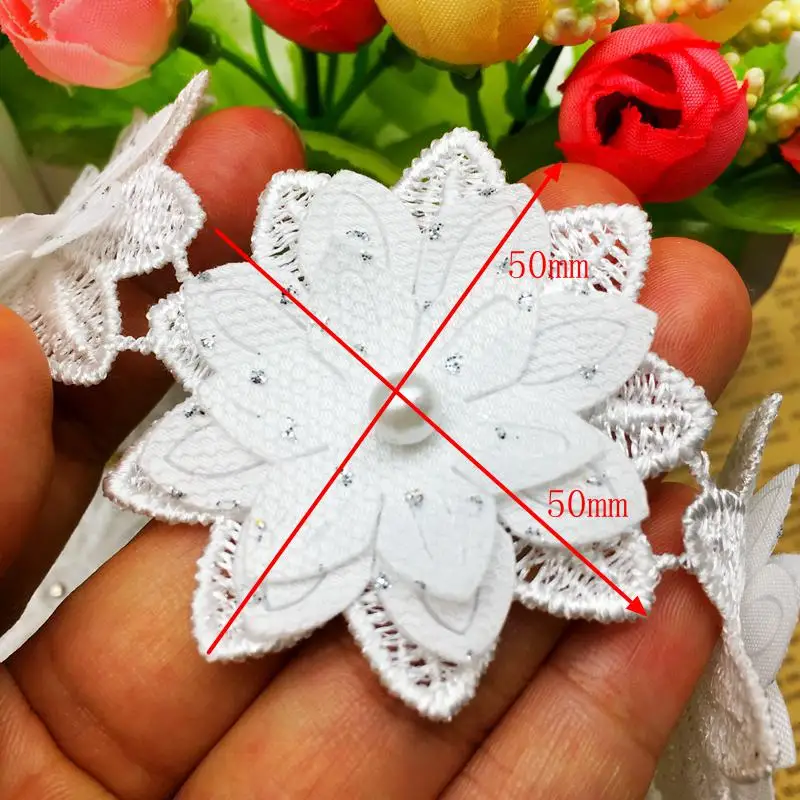 20Pcs 3D White Multi-layer Rose Flower Pearl Lace Trim Embroidered Ribbon French Fabric Sewing Craft DIY For Costume Decoration