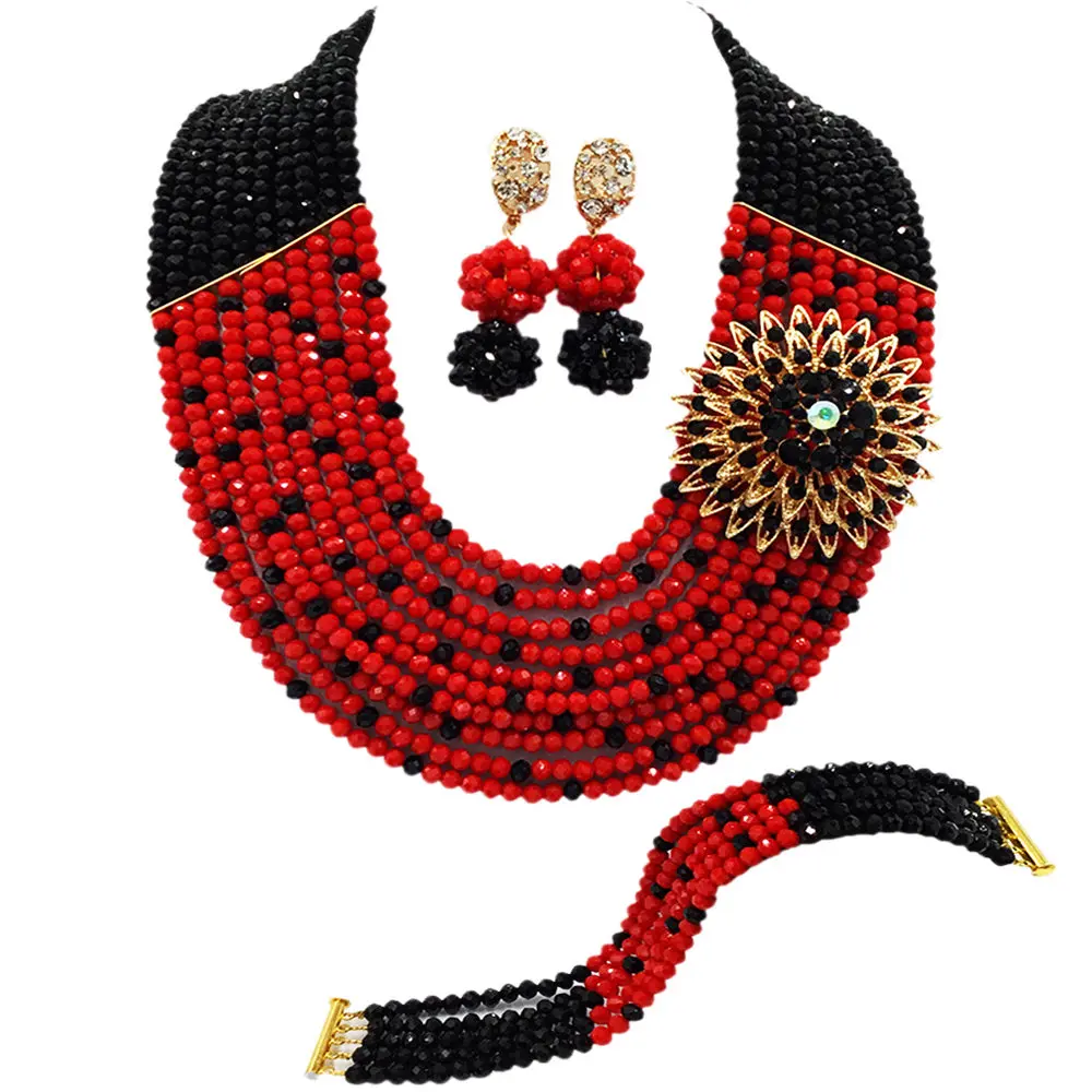 

Black and Opaque Red African Beads Jewelry Set Crystal Beaded Necklace Earrings Nigerian Wedding Party Jewelry Sets 10SZ03