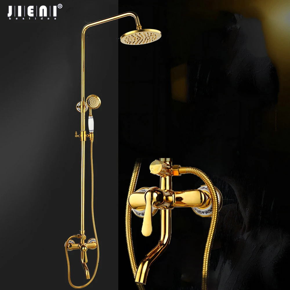 

JIENI Golden Plated Brass Finish Bathroom Shower Set Rain Shower Head Bath Shower Mixer Hand Shower with Ceramic Cover