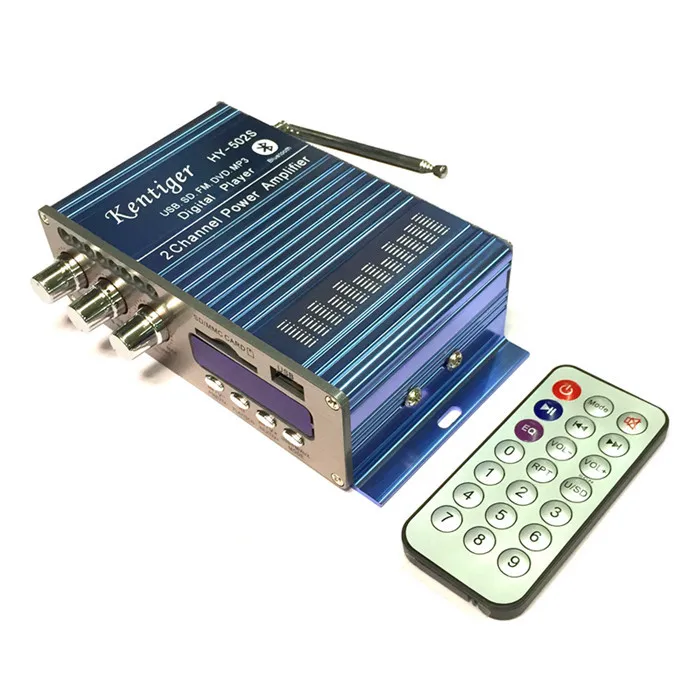 KENTIGER-Mini Amplificador Bluetooth com Adaptador de Energia, Rádio FM, Cabo AV, Controle Remoto, USB, Cartão SD, 12V, 5A, 40W, HY-502S