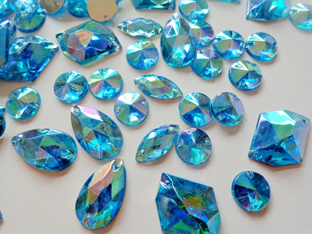 300pcs mixed loading shape size  sew on rhinestones sky blue AB colour Acrylic Crystal loose Beads hand sewing strass  for dress