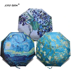 LIKE RAIN Brand Folding Umbrella Female Windproof Paraguas Van Gogh Oil Painting Umbrella Rain Women Quality Umbrellas UBY01