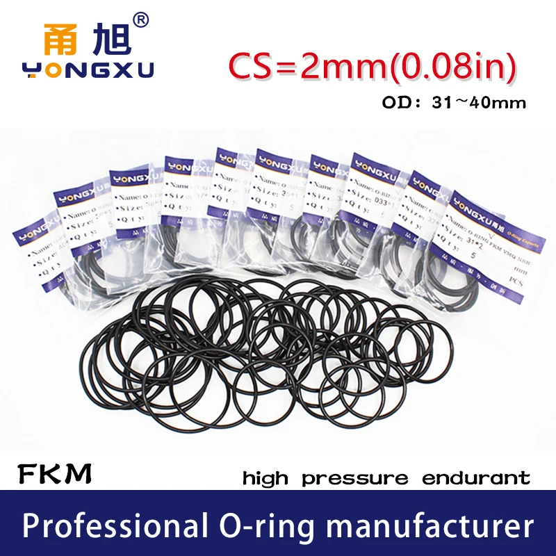 5PCS/lot Black FKM Fluorine Rubber O-rings Seals CS2mm OD31/32/33/34/35/36/37/38/39/40*2mm ORings Seal Gasket Sealing Washer