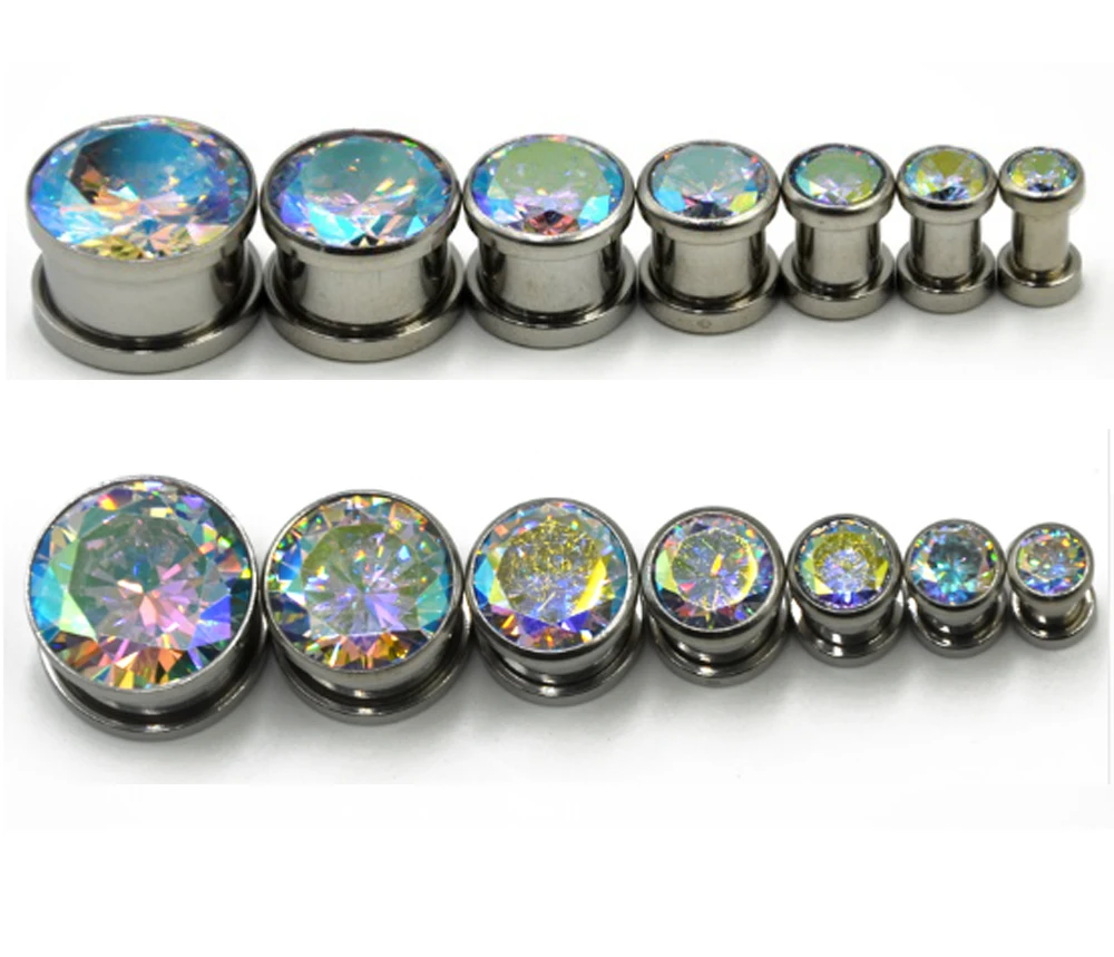 1pairs AB Gem Titanium IP Screw Fit Tunnels Cubic Zircon Screw Fit Ear Plug Tunnel Gauge Ear Stretching Piercing Expander