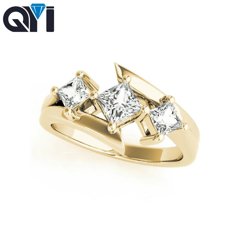 QYI 14k Yellow Gold Three Stone Ring Women Luxury Square Cut Moissanite Jewelry Wedding Engagement Ring