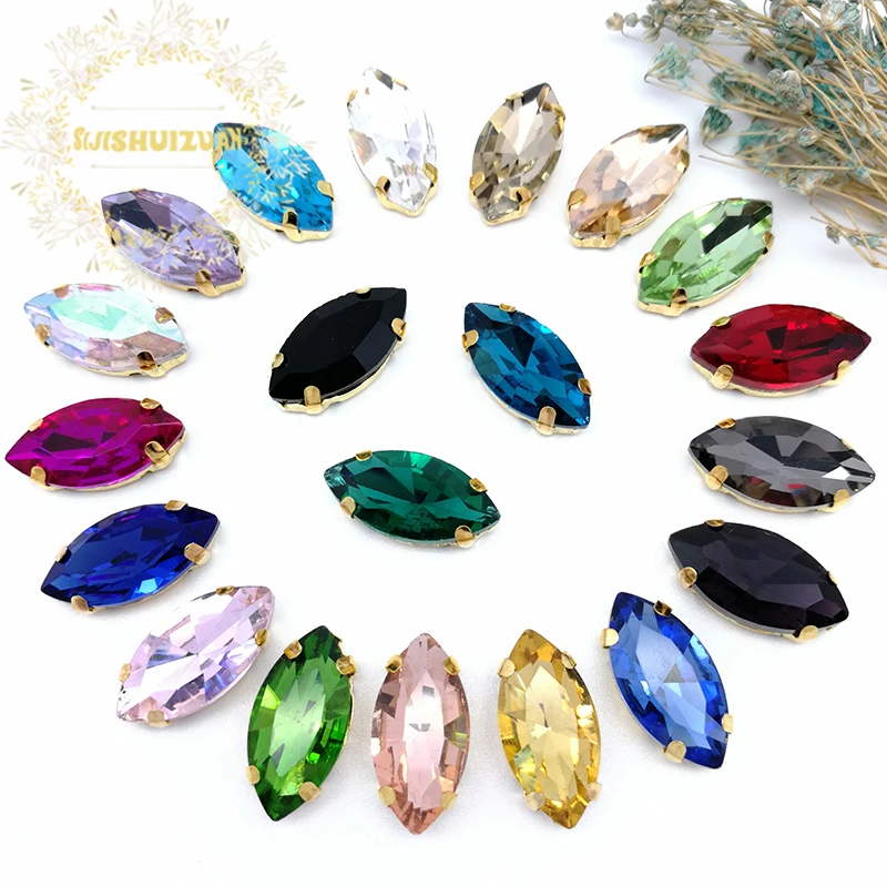 Multi Sizes 20-Colors Sew On Horse Eye Rhinestone Gold Claw Teardrop 4-Holes For Jewels Needlework Wedding Dress Bag Trims