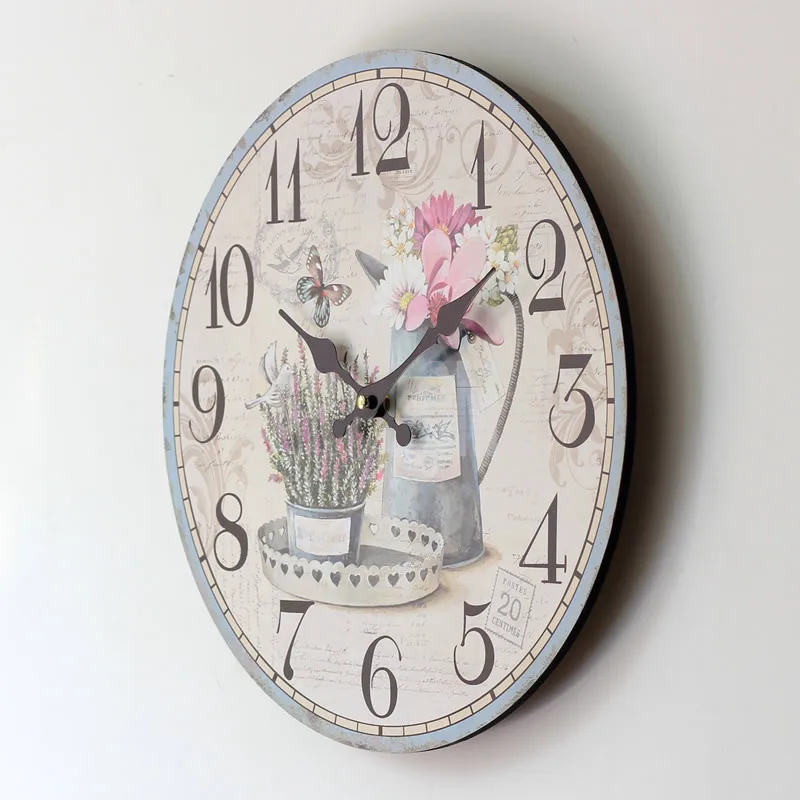 12Inch Creative Painted Floral Home Decor Round Wooden Wall Clock Vintage Mute Wood Wall Kitchen Livingroom Crafts Decorations