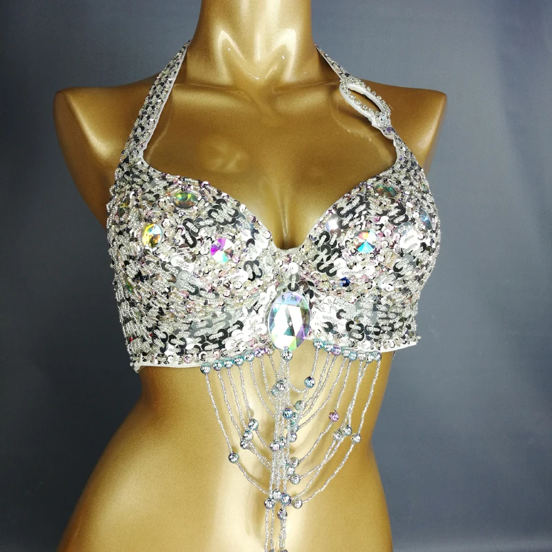 New Womens Lady Belly Dance Costume Bra Beaded Sequin Bra Sexy Belly Dancing Clothes Night Club Bellydance Bra TOPS