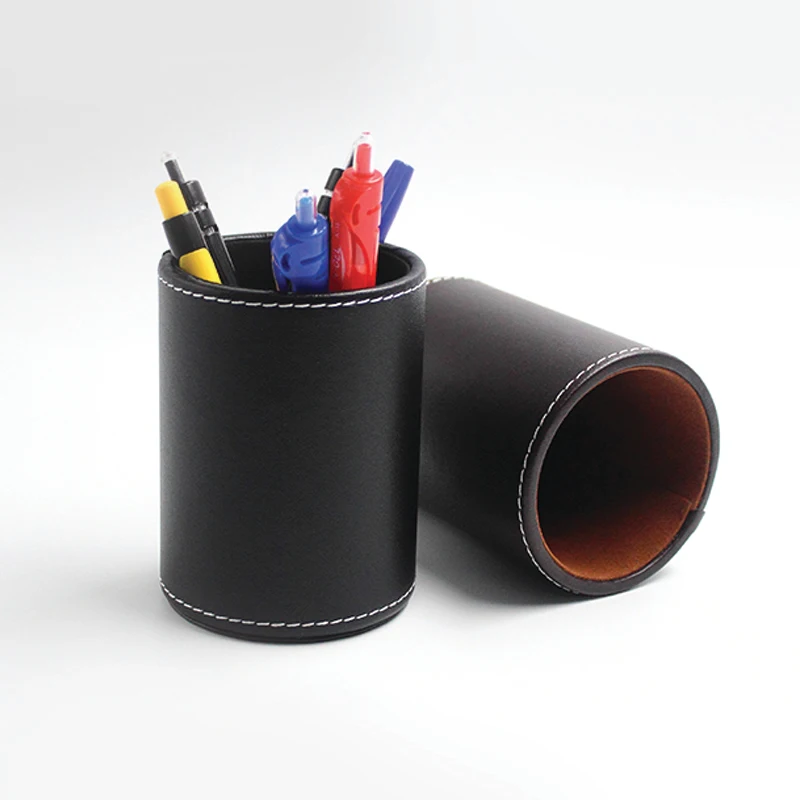 

Business Office Supplies Black Leather Round Pen Holder Pencils Stands Box Desk Stationery Organizer Office Brown Pen Pots