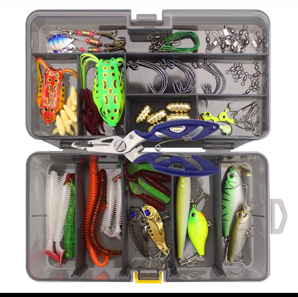 

Fishing Lure Kit 101 Pieces Set Pliers Worm Hook Soft Bait Popper Pencil Crank Wobbler VIB Minnow Frog Spinner Connector Jig