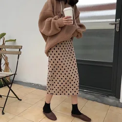 2024 Autumn Women Skirts High Waist Knitting Women Bodycon Long Skirt Faldas Jupe Femme Saia Dots Print Women Sexy Pencil Skirt