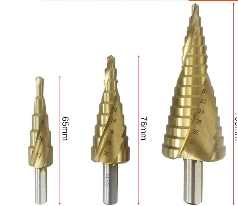 3pcs Double Bubble Shell Stepped spiral groove bit sleeve Titanium-plated hexagonal handle reaming drill pagoda drill NO.B1404