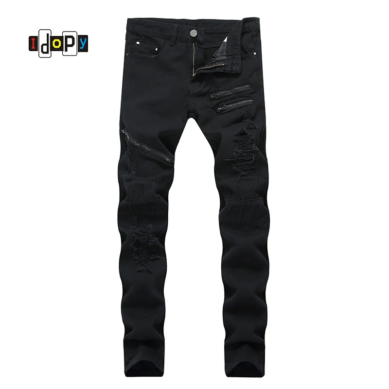 

Fashion Men's Straight Fit Vintage Washed Jeans With Zippers Ripped Holes Stretch Denim Pants Black Jean Trousers For Men