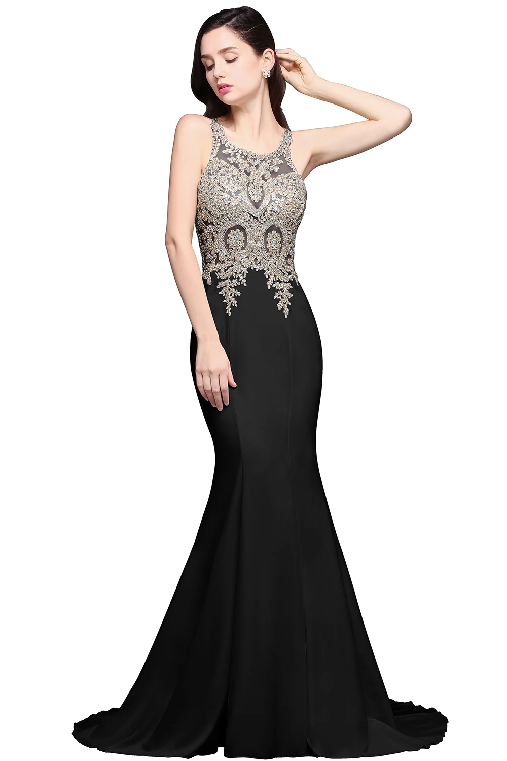 Robe de Soiree Longue Sexy Sheer Back Beaded Lace Mermaid Evening Dress Long Cheap White Evening Gown Vestido de Festa