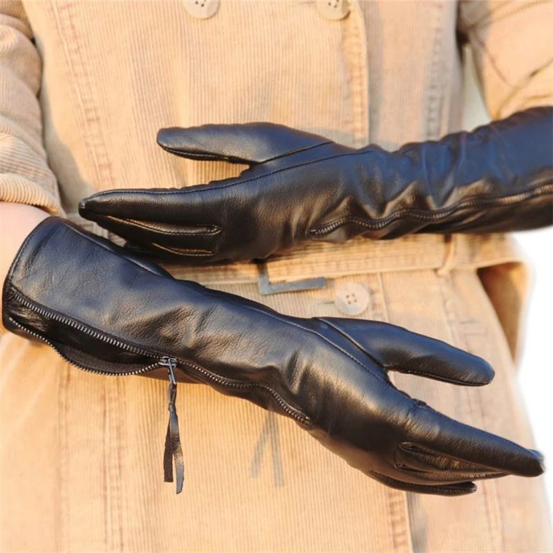 Women\'s Genuine Leather Gloves Female Autumn Winter Black Sheepskin Gloves Zipper Long Style Five Fingers Thin Velvet L031NQ