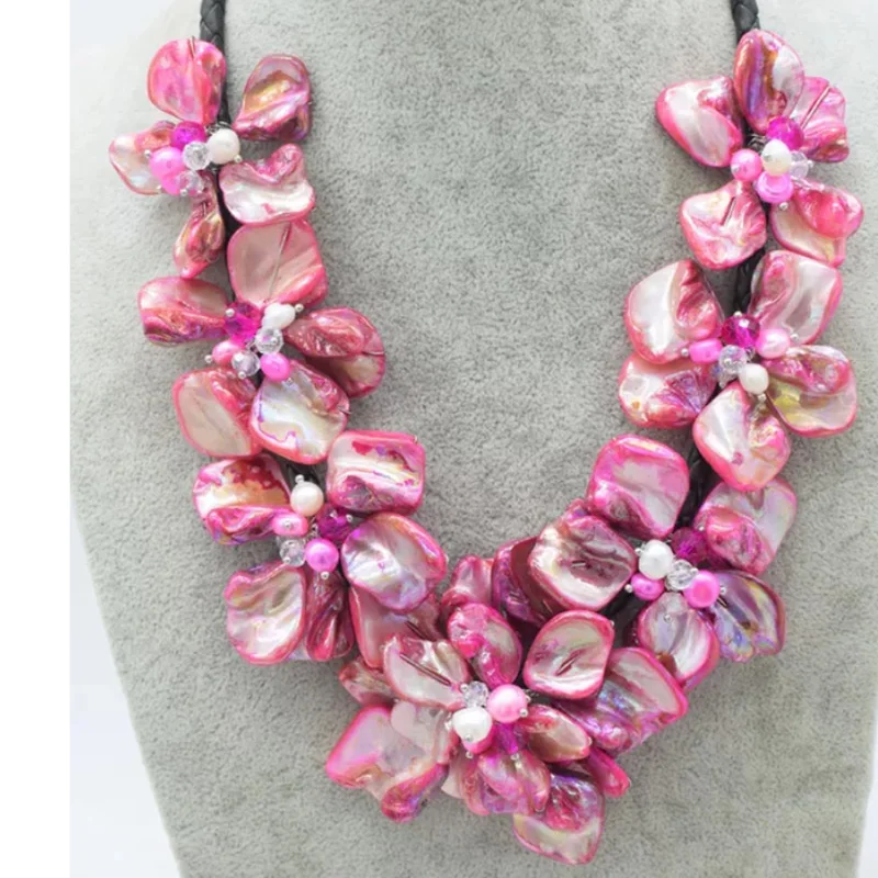 

Pink Baroque Shell White Pearl Floral Flower Fashion Statement Bib Necklace