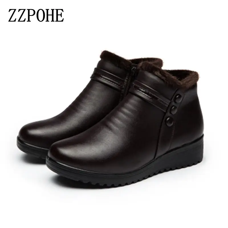 Fashion Winter Boots Women Genuine Leather Ankle Warm Boots Mom autumn plush wedge shoes Woman shoes Big Size 35-41