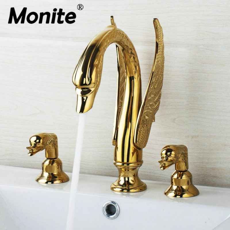 

Monite Golde Plated Bathtub Torneira Swan 3 Pieces Double Handle Deck Mounted Shower Bathroom Vessel Basin Sink Faucet Mixer Tap