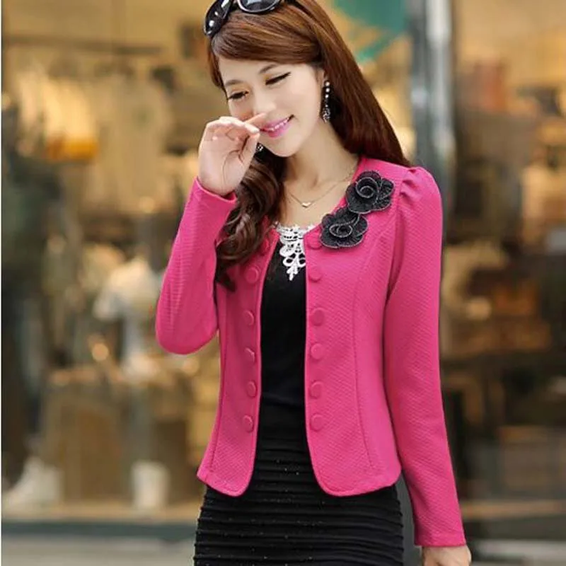 Blazer feminino de manga comprida com botões duplos, casaco, blazers com arco nas costas curto, apliques de flores, tops formais de escritório,