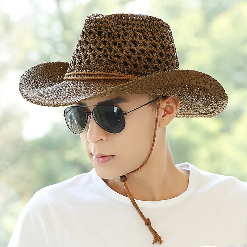 Unisex Fashion Men Raffia Straw Hat Panama Fedora UV Protect Summer Curl Brim Sun Hats Male Beach Visor Trilby Cap B-8047