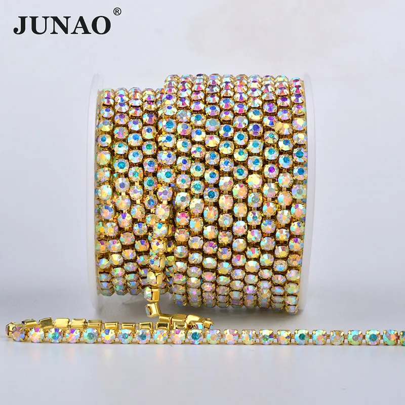 JUNAO alta qualità SS6 8 10 12 16 18 argento oro Base vetro Strass catena densa Appliques di cristallo trasparente Trim Strass Banding