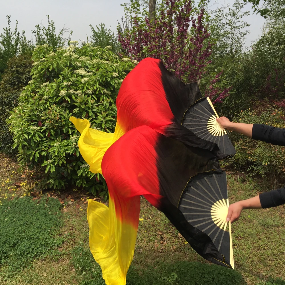 New Arrival 1pair(Left+Right) 180cm Belly Dance Chinese Real Silk Fan Veils Black+Red+Yellow fire color