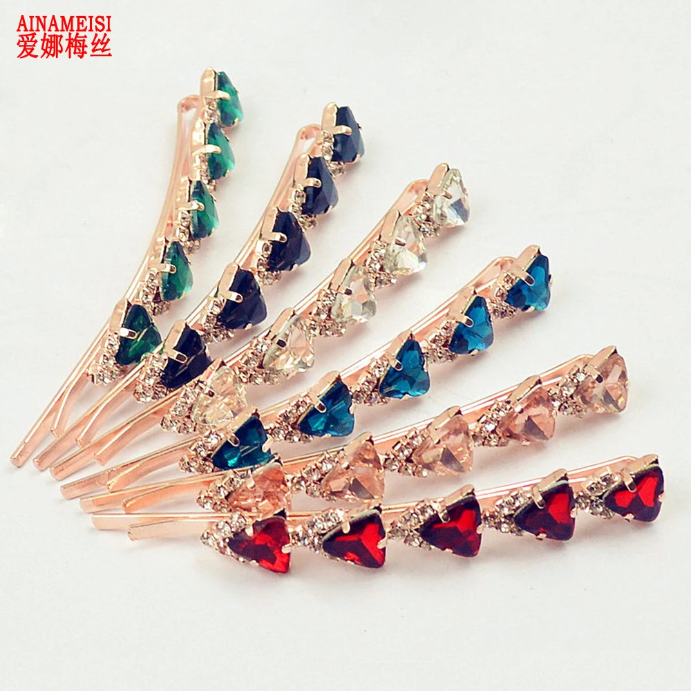 AINAMEISI Luxury Hairwear Women Crystal Accessories Hair Jewelry Sparkly Triangle Crystal Rhinestone Hair Barrettes Hairpins