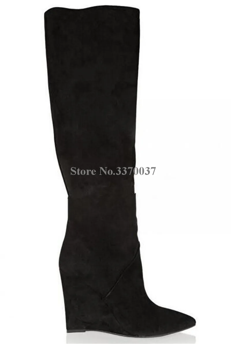 Women Fashion Design Pointed Toe Suede Leather Knee High Wedge Boots Winter Charming Super High Heel Wedge Long Boots