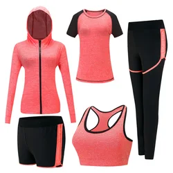 Schnellt rocknende Frauen Yoga Kleidung Kapuzen mäntel T-Shirt BH Shorts Hosen Sets Frauen Herbst Outdoor Running Sportswear Turn anzüge