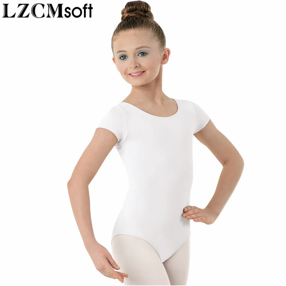 LZCMsoft Girls Nylon Spandex Scoop Neck Gymnastics Leotards Child Short Sleeve Ballet Dancewear Stage Performance Bodysuit Kids