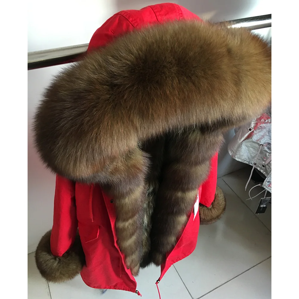 MaoMaoKong Winter Women Real Fur Coat Natural Raccoon Fur Lining  Jacket Long hooded With big fur collar Thick Warm black Parkas