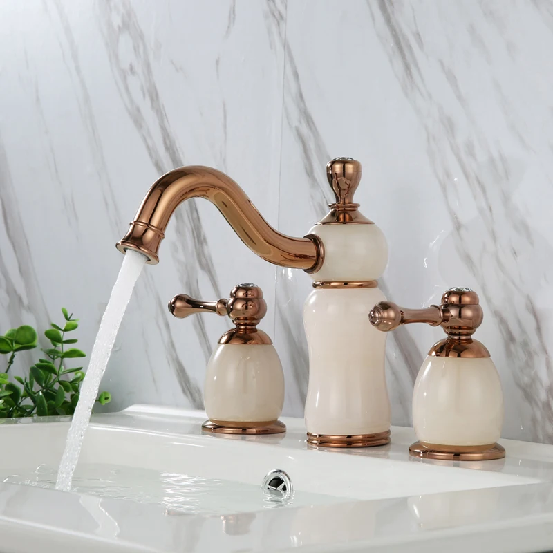 

Luxury Rose Gold Brass Natural jade Bathroom Sink Faucet Art Basin Mixer Taps three holes high quality Lavatory Faucet--SM5386