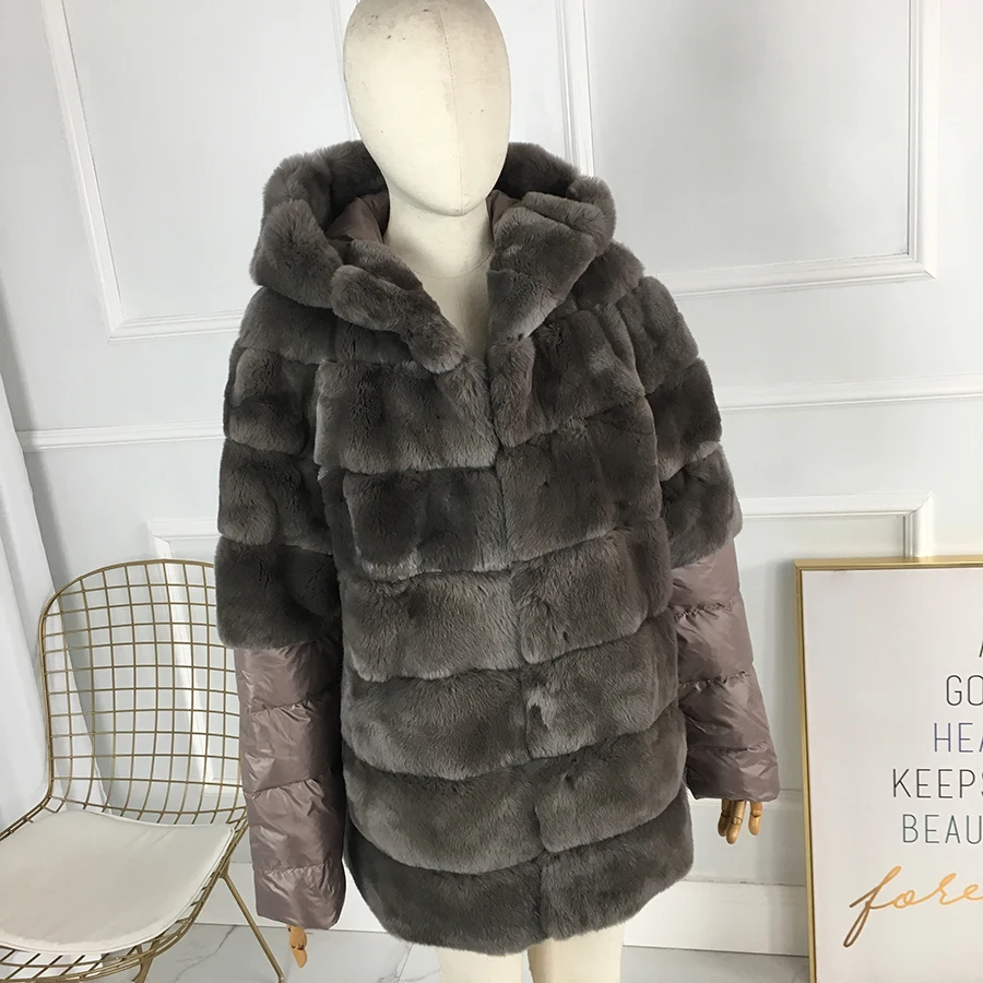 Echter Kaninchenfellmantel Winterpelzmäntel mit Kapuze Echtpelzjacke Luxus-Kaninchenfelljacken mit Daunenärmeln Bestseller