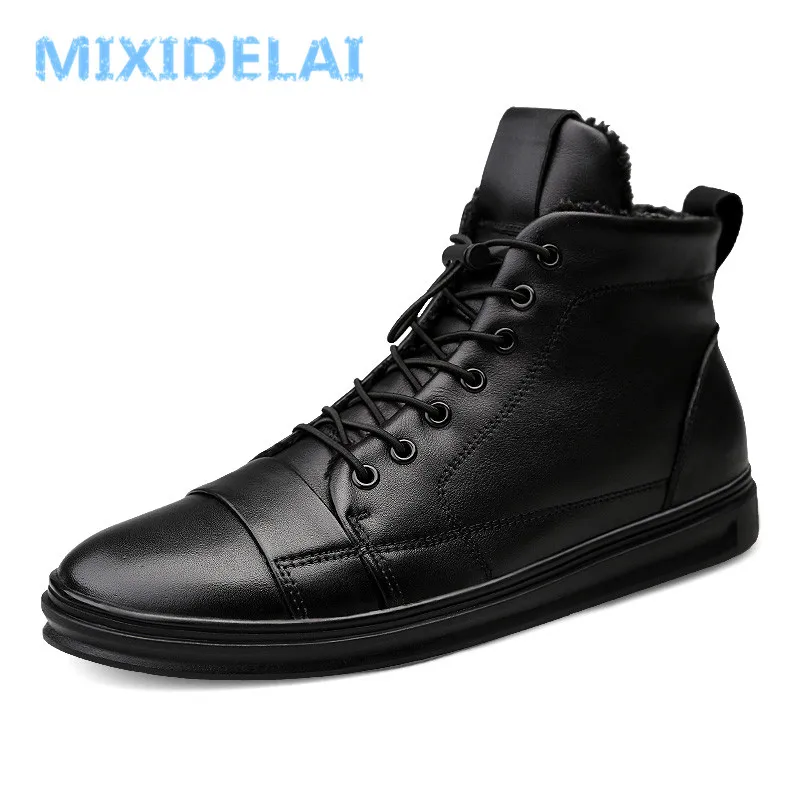 Nowe duże buty męskie Wysokiej jakości oryginalne skórzane buty męskie do kostki Moda Czarne buty Zimowe buty męskie Ciepłe buty z futrem