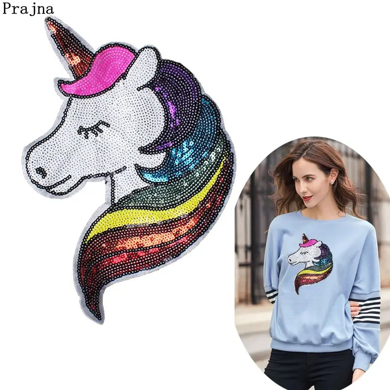 Prajna Unicorn Sequins Patch Cartoon Embroidered Patches For Clothing Animal Appliques Patches On Clothes Sewing Accessories