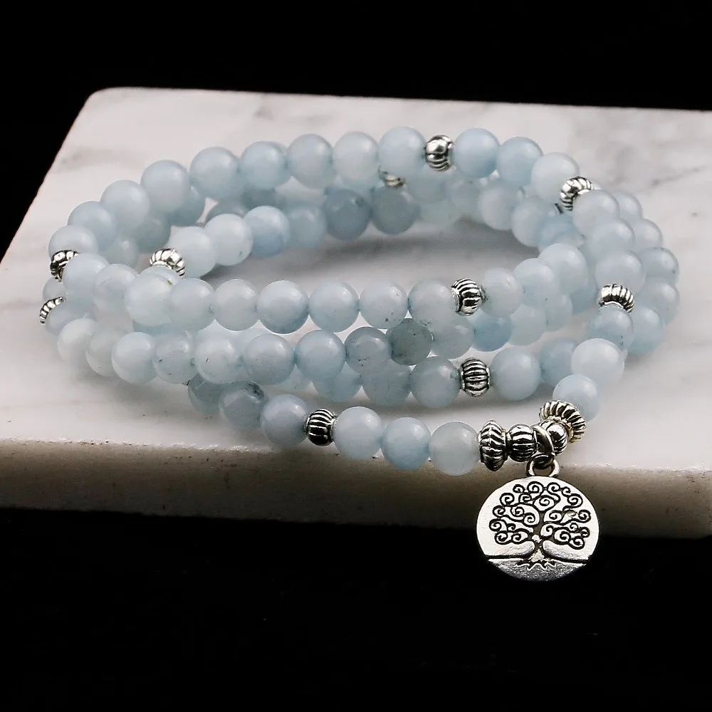 Blue Stone Beads Bracelets for Women 108 Buddha Bracelet Jewelry with Lotus Pendant Vintage Yogi Multilayer Men Jewelry