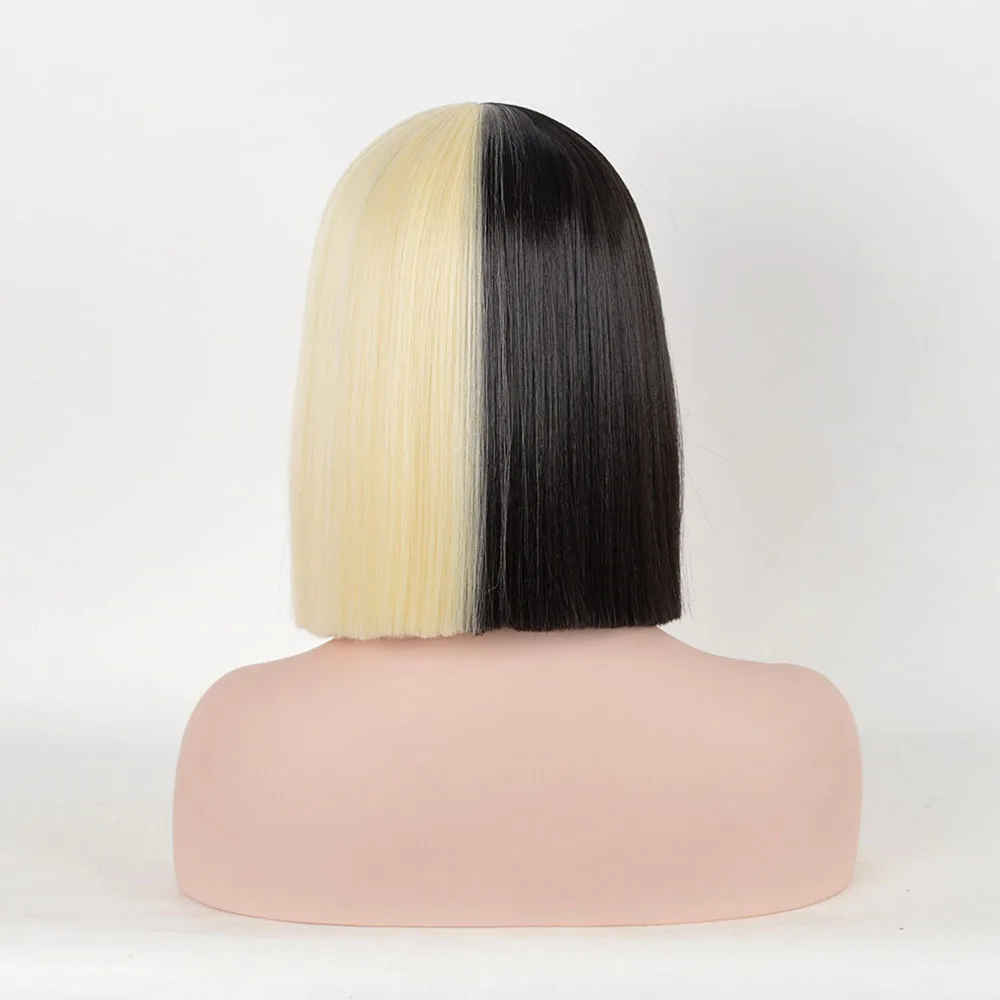 Sia Pruik Half Zwart Half Blonde Korte Rechte Platte Pony Hittebestendige Synthetische Haar Cosplay Pruiken + Pruik Cap