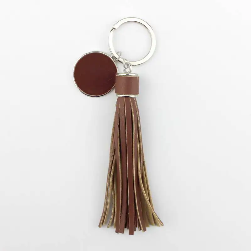 ZWPON Fashion PU Leather Tassel Monogram Enamel Disc Blank Only Key Chains for Women Bag Keychains Unique Handbags Accessories