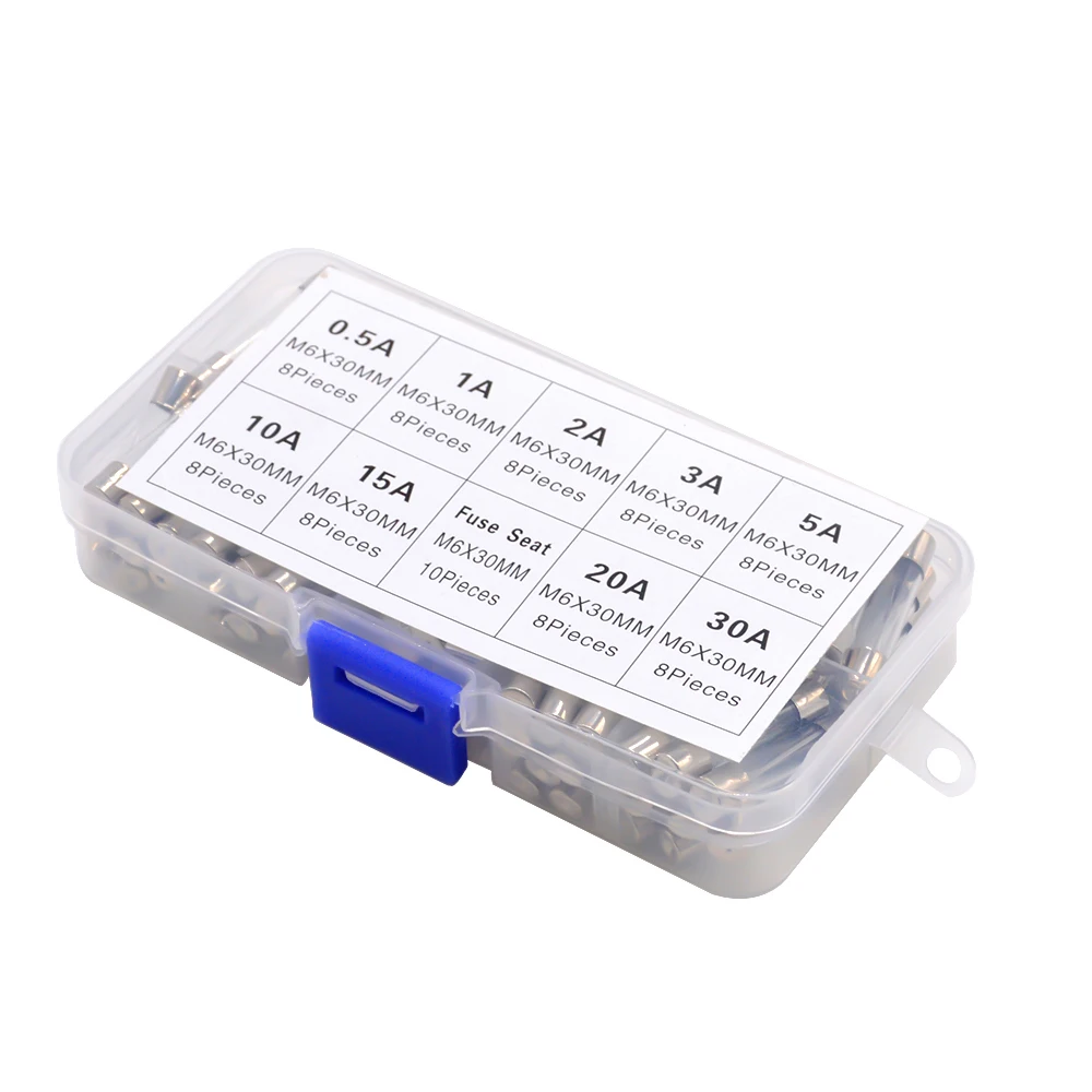 72PCS/LOT 6x30 6*30 mm Fast-blow Glass Fuses Assorted Kit 250V 0.5A 1A 2A 3A 5A 10A 15A 20A 30A AMP Tube Fuses